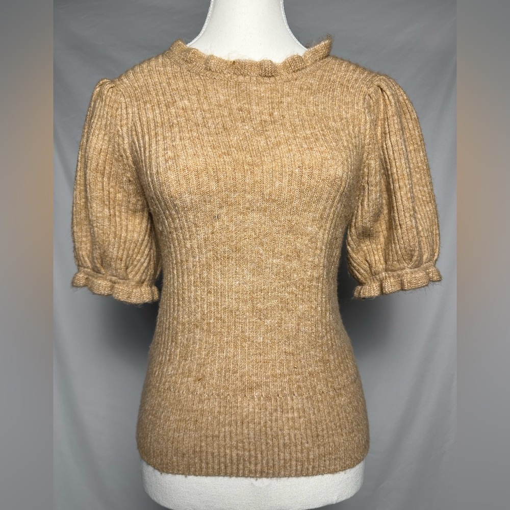 BUFFALO DAVID BITTON Beige Preppy‎ Knit Ruffled Short Sleeve Sweater Size M